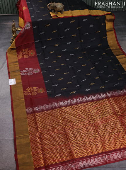 Pure uppada silk saree black and maroon with silver & gold zari woven buttas and zari woven border