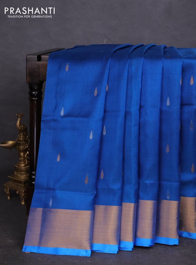 Pure uppada silk saree cs blue with silver & gold zari woven tilak buttas and jamdhani design pallu