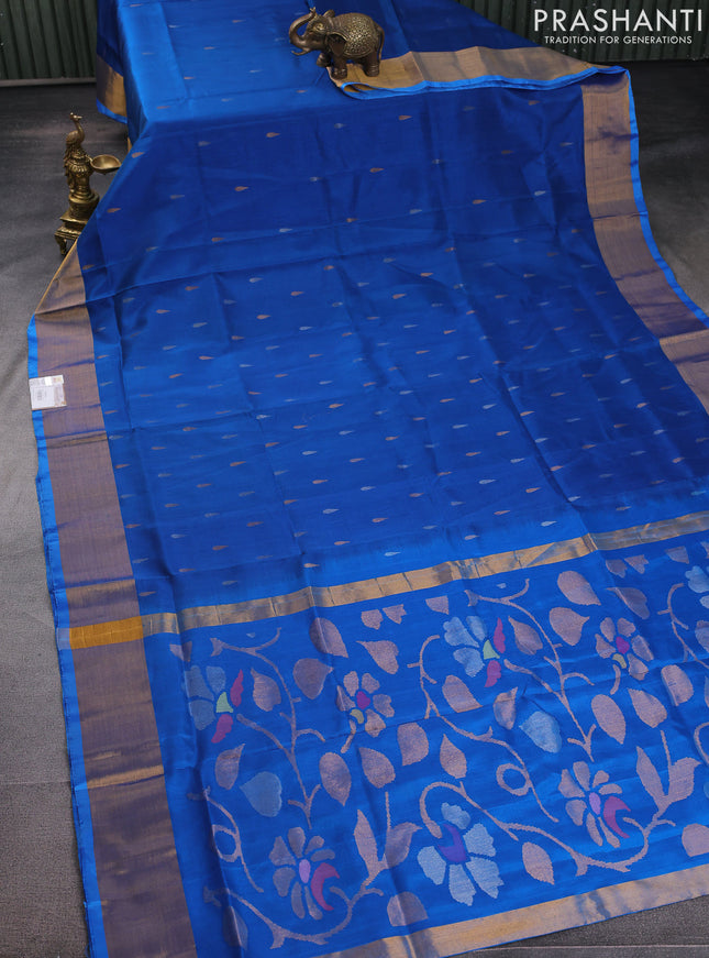 Pure uppada silk saree cs blue with silver & gold zari woven tilak buttas and jamdhani design pallu