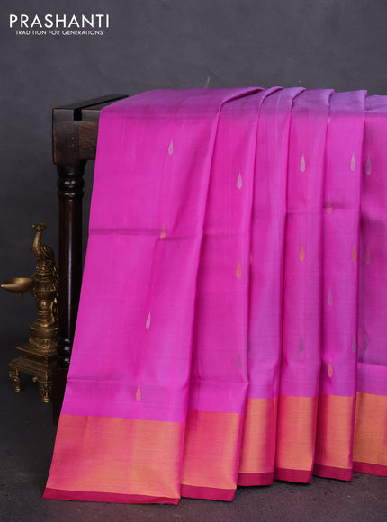 Pure uppada silk saree pink and brown with silver & gold zari woven tilak buttas and jamdhani design pallu