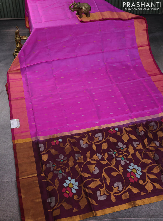 Pure uppada silk saree pink and brown with silver & gold zari woven tilak buttas and jamdhani design pallu