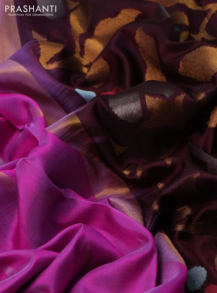 Pure uppada silk saree pink and brown with silver & gold zari woven tilak buttas and jamdhani design pallu
