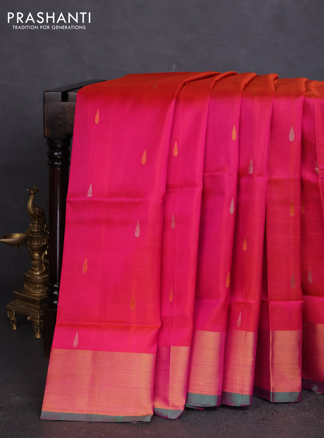 Pure uppada silk saree dual shade of pinkish orange and dark green with silver & gold zari woven tilak buttas and jamdhani design pallu