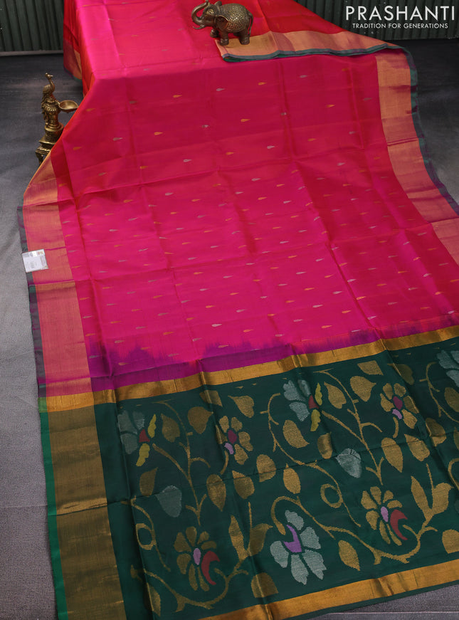 Pure uppada silk saree dual shade of pinkish orange and dark green with silver & gold zari woven tilak buttas and jamdhani design pallu