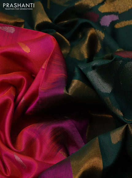Pure uppada silk saree dual shade of pinkish orange and dark green with silver & gold zari woven tilak buttas and jamdhani design pallu