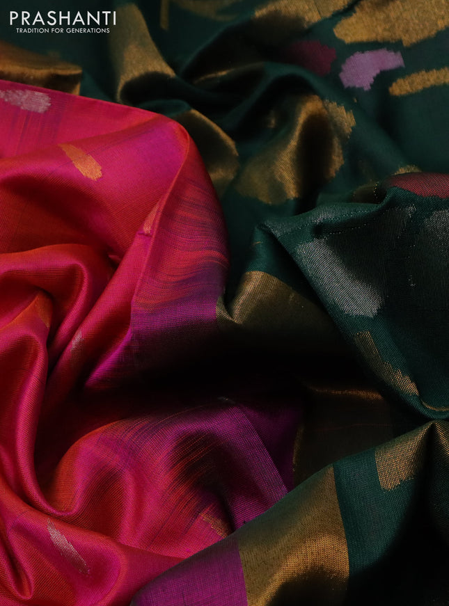 Pure uppada silk saree dual shade of pinkish orange and dark green with silver & gold zari woven tilak buttas and jamdhani design pallu