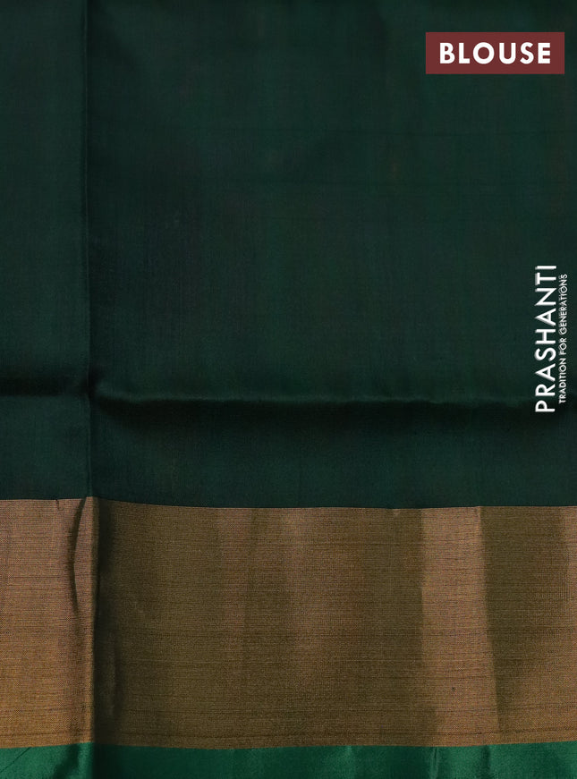 Pure uppada silk saree dual shade of pinkish orange and dark green with silver & gold zari woven tilak buttas and jamdhani design pallu