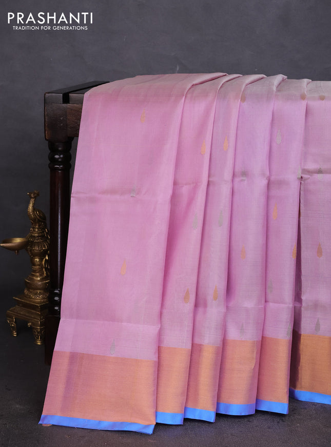 Pure uppada silk saree light pink and cs blue with silver & gold zari woven tilak buttas and jamdhani design pallu