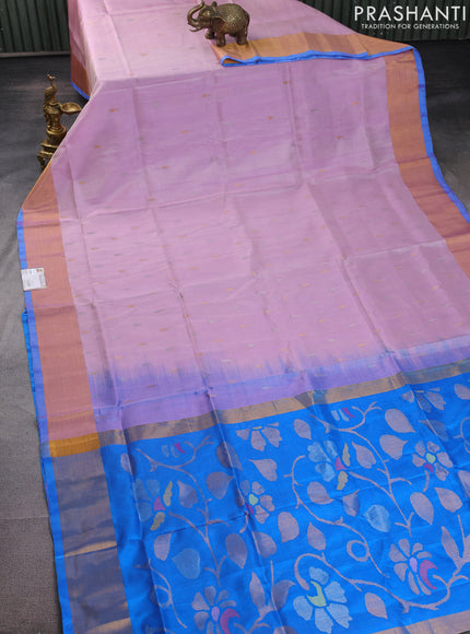 Pure uppada silk saree light pink and cs blue with silver & gold zari woven tilak buttas and jamdhani design pallu