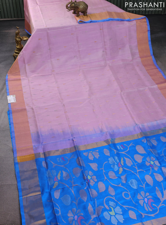 Pure uppada silk saree light pink and cs blue with silver & gold zari woven tilak buttas and jamdhani design pallu