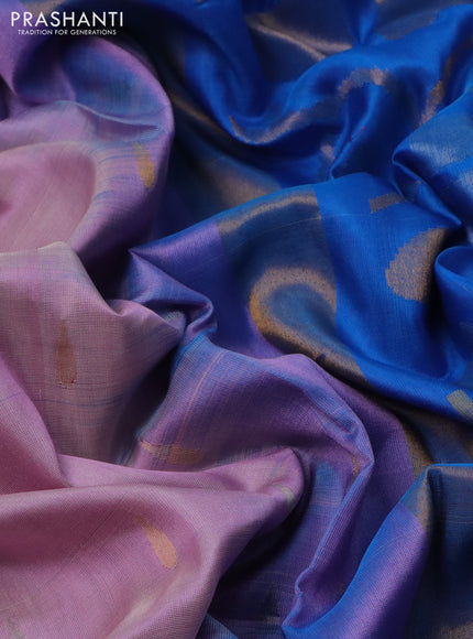 Pure uppada silk saree light pink and cs blue with silver & gold zari woven tilak buttas and jamdhani design pallu