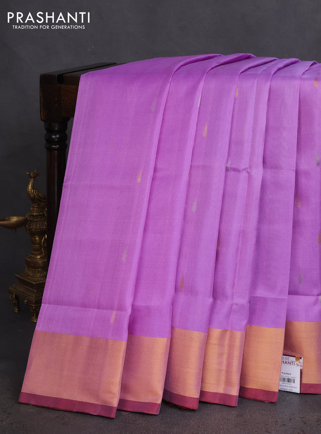 Pure uppada silk saree lavender and brown with silver & gold zari woven tilak buttas and jamdhani design pallu
