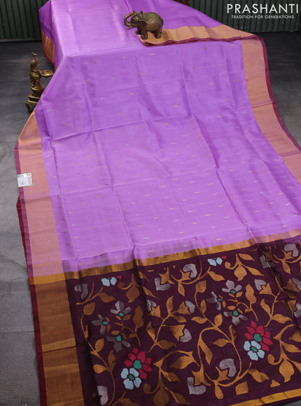 Pure uppada silk saree lavender and brown with silver & gold zari woven tilak buttas and jamdhani design pallu