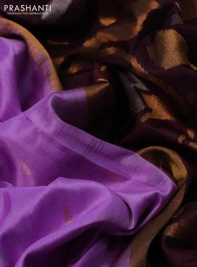 Pure uppada silk saree lavender and brown with silver & gold zari woven tilak buttas and jamdhani design pallu