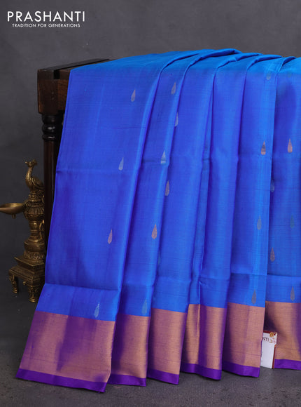 Pure uppada silk saree cs blue and blue with silver & gold zari woven tilak buttas and jamdhani design pallu