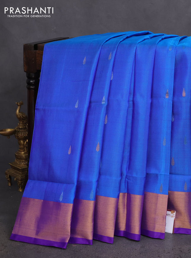 Pure uppada silk saree cs blue and blue with silver & gold zari woven tilak buttas and jamdhani design pallu
