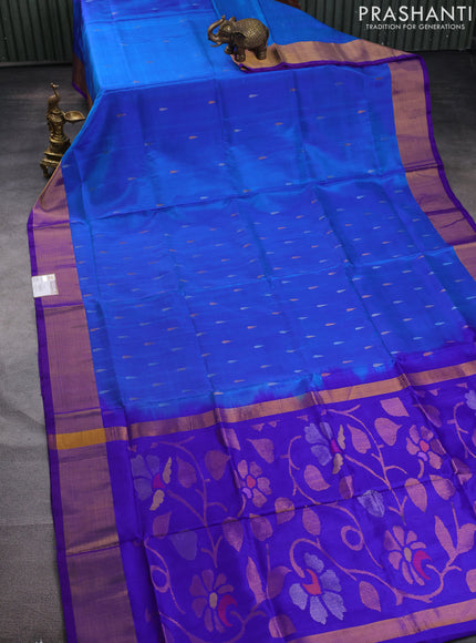 Pure uppada silk saree cs blue and blue with silver & gold zari woven tilak buttas and jamdhani design pallu