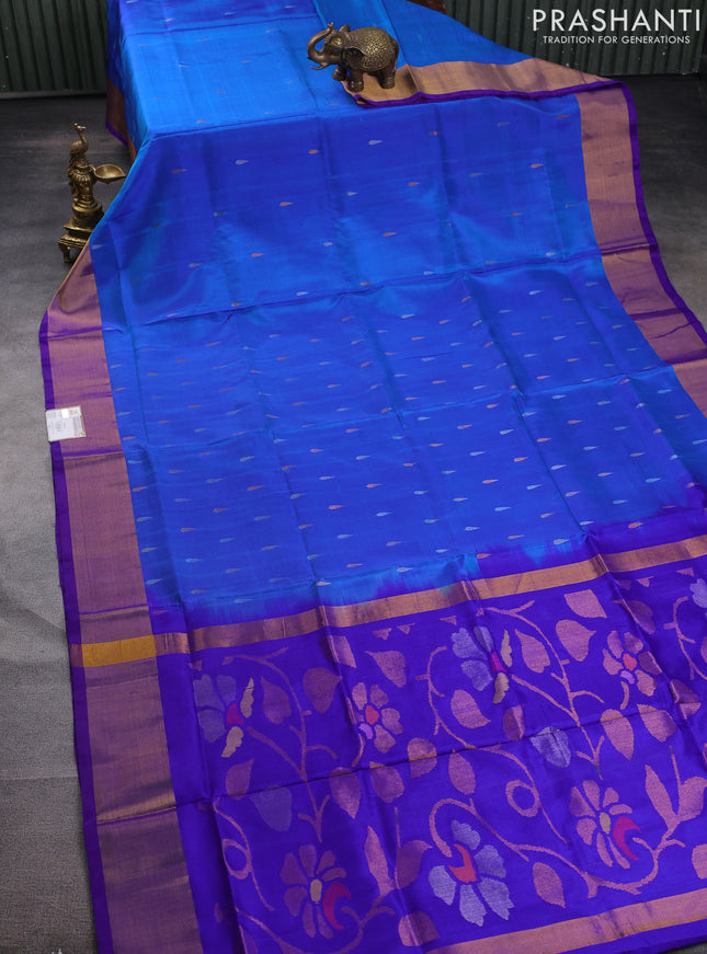 Pure uppada silk saree cs blue and blue with silver & gold zari woven tilak buttas and jamdhani design pallu