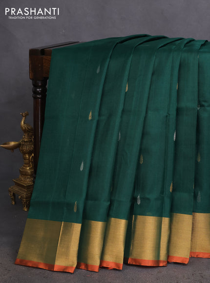 Pure uppada silk saree green and dual shade of pink with silver & gold zari woven tilak buttas and jamdhani design pallu