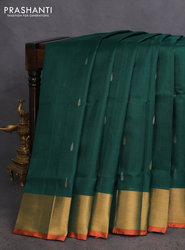 Pure uppada silk saree green and dual shade of pink with silver & gold zari woven tilak buttas and jamdhani design pallu