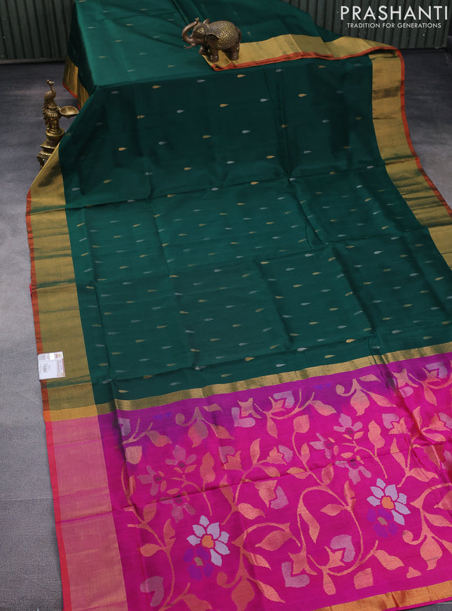 Pure uppada silk saree green and dual shade of pink with silver & gold zari woven tilak buttas and jamdhani design pallu