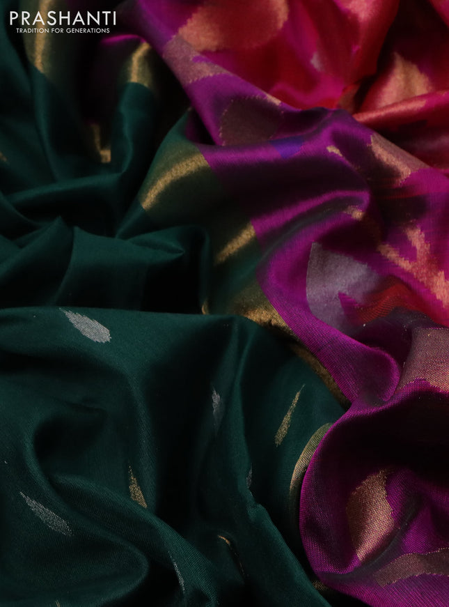 Pure uppada silk saree green and dual shade of pink with silver & gold zari woven tilak buttas and jamdhani design pallu