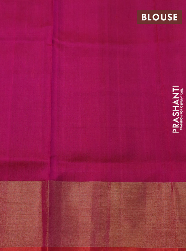 Pure uppada silk saree green and dual shade of pink with silver & gold zari woven tilak buttas and jamdhani design pallu