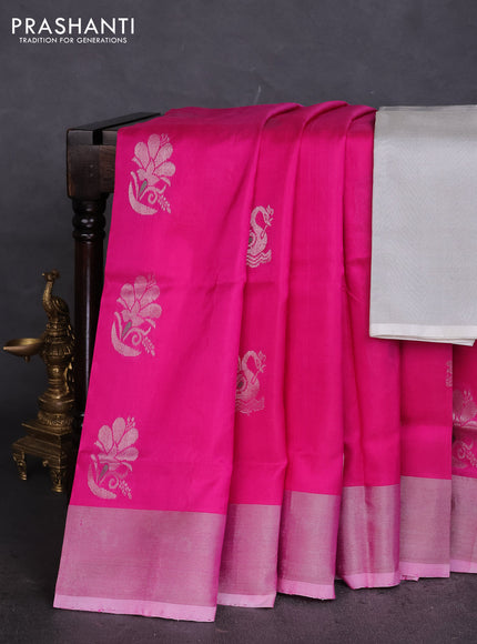 Pure uppada silk saree dark pink with silver zari woven buttas and silver zari woven border