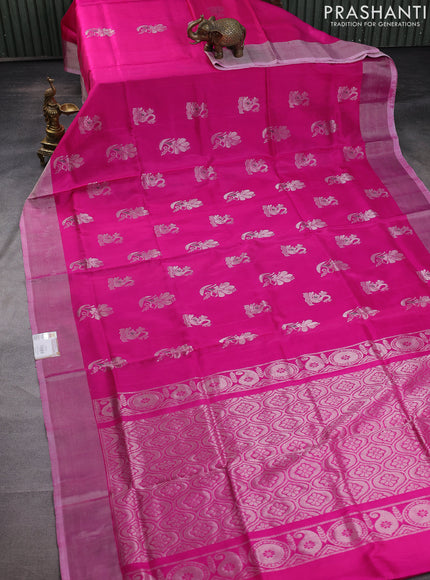 Pure uppada silk saree dark pink with silver zari woven buttas and silver zari woven border