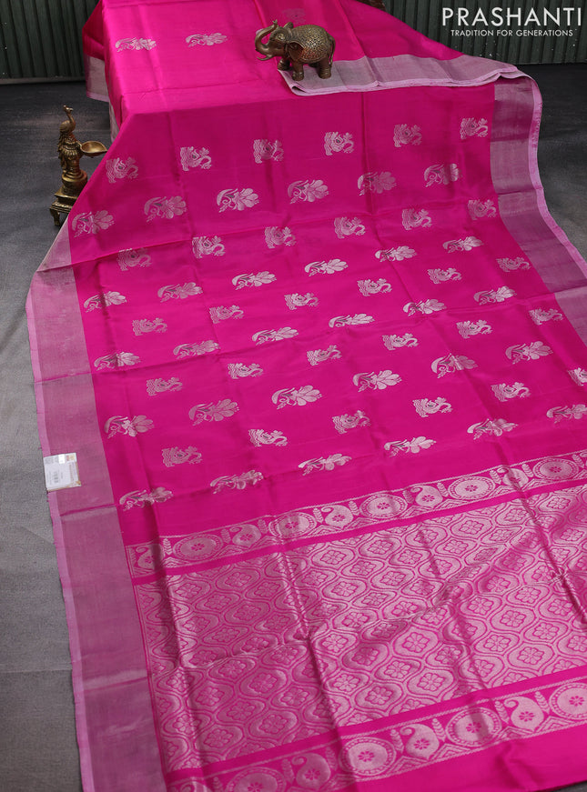 Pure uppada silk saree dark pink with silver zari woven buttas and silver zari woven border
