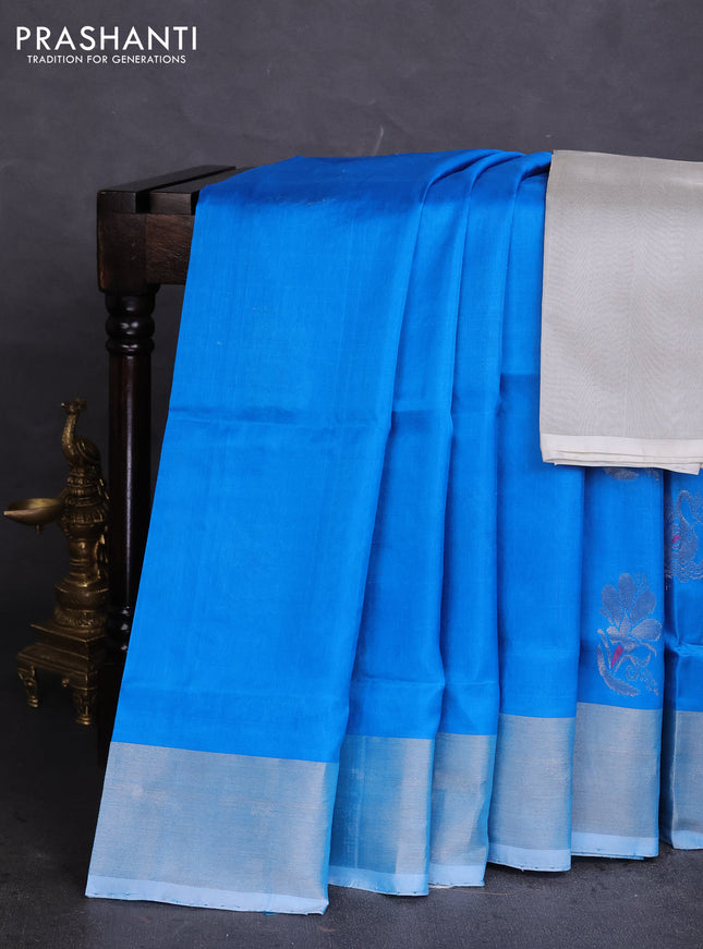 Pure uppada silk saree cs blue with silver zari woven buttas and silver zari woven border