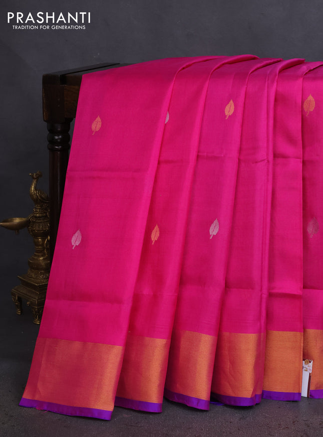 Pure uppada silk saree pink and blue with silver & gold zari woven leaf buttas and jamdhani design pallu