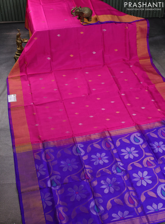 Pure uppada silk saree pink and blue with silver & gold zari woven leaf buttas and jamdhani design pallu