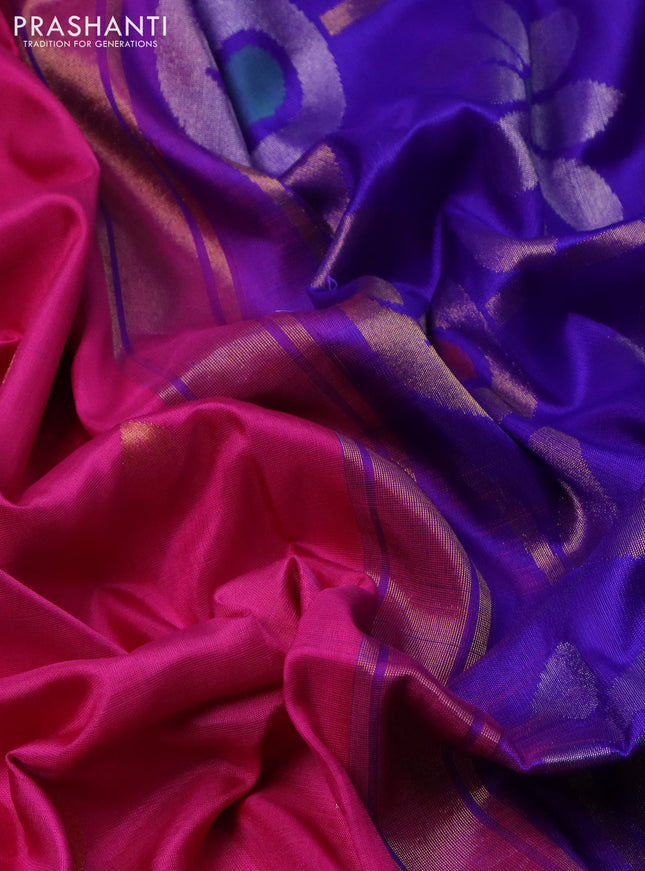 Pure uppada silk saree pink and blue with silver & gold zari woven leaf buttas and jamdhani design pallu