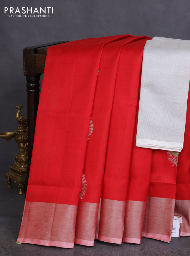 Pure uppada silk saree red and red shade with thread & silver zari woven buttas and silver zari woven border