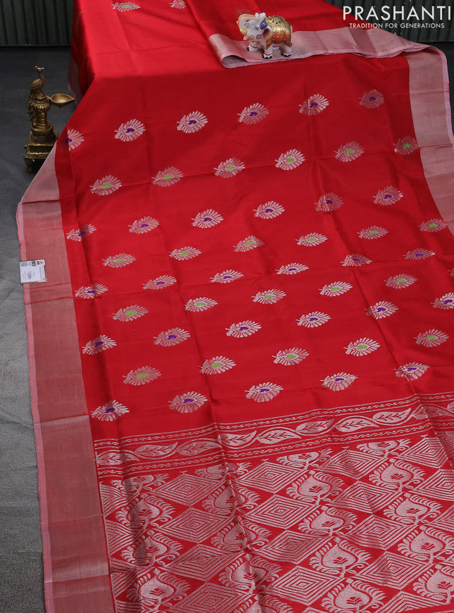 Pure uppada silk saree red and red shade with thread & silver zari woven buttas and silver zari woven border