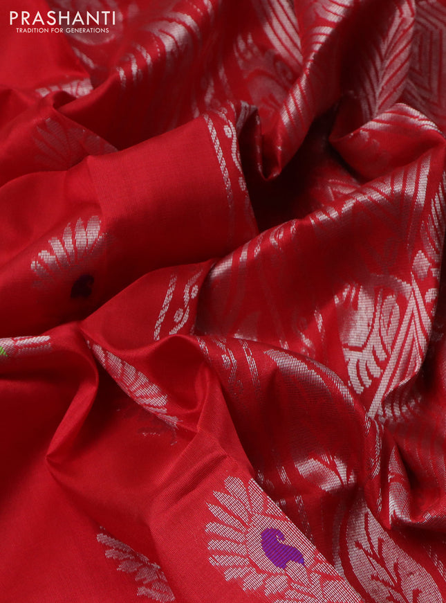 Pure uppada silk saree red and red shade with thread & silver zari woven buttas and silver zari woven border