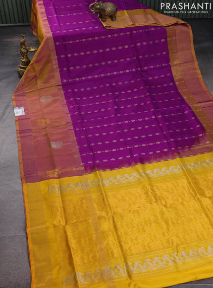 Pure uppada silk saree purple and yellow with thread & zari woven butta weaves and long zari woven butta border