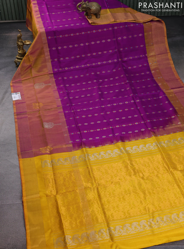 Pure uppada silk saree purple and yellow with thread & zari woven butta weaves and long zari woven butta border