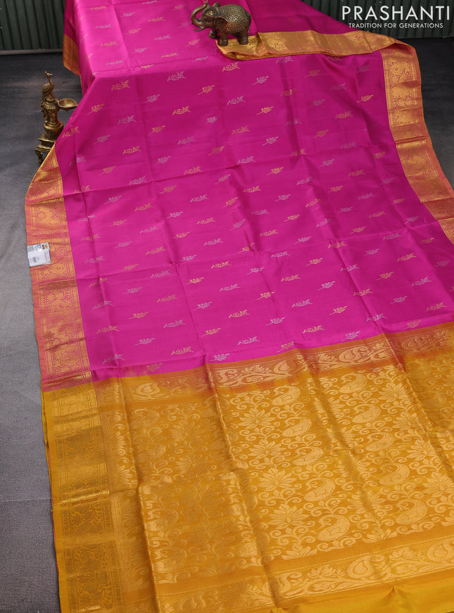 Pure uppada silk saree pink and mustard yellow with silver & gold zari woven buttas and zari woven border