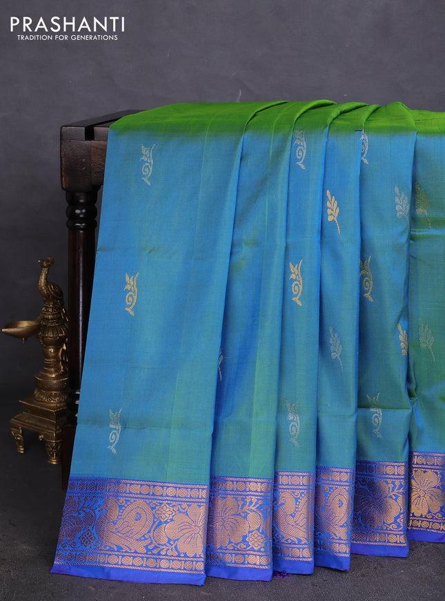 Pure uppada silk saree dual shade of teal bluish green and cs blue with silver & gold zari woven buttas and zari woven border