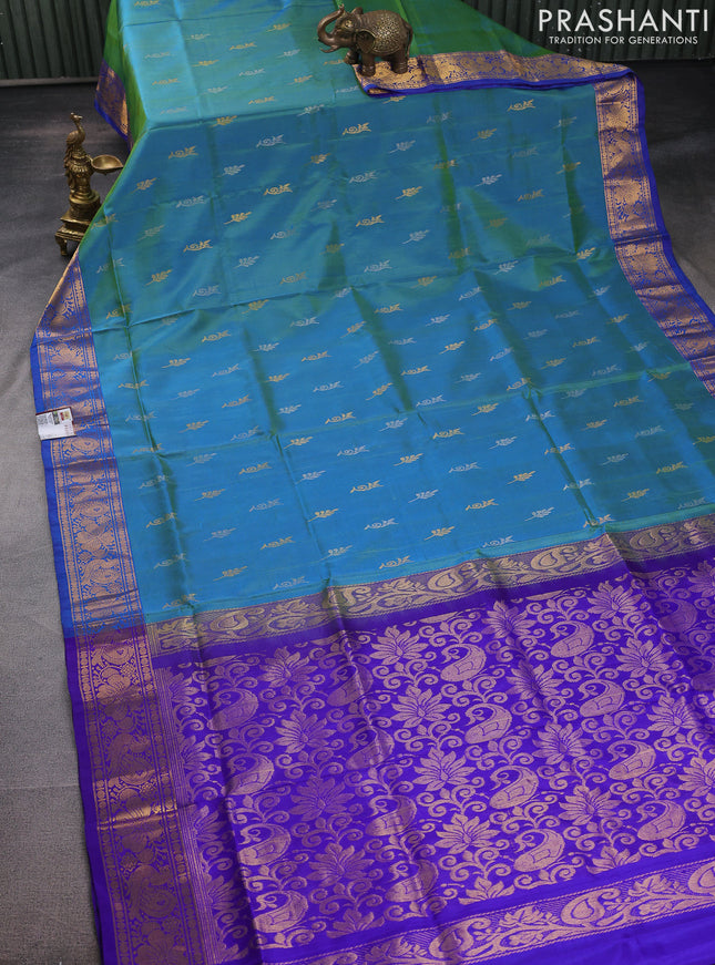 Pure uppada silk saree dual shade of teal bluish green and cs blue with silver & gold zari woven buttas and zari woven border