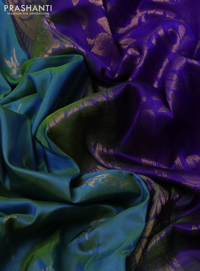 Pure uppada silk saree dual shade of teal bluish green and cs blue with silver & gold zari woven buttas and zari woven border