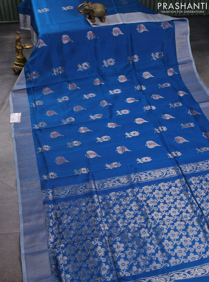 Pure uppada silk saree cs blue with silver zari woven floral buttas and silver zari woven border