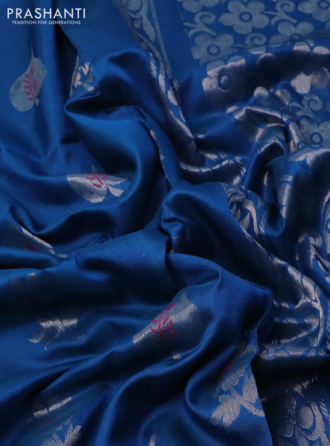 Pure uppada silk saree cs blue with silver zari woven floral buttas and silver zari woven border