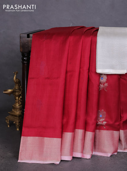 Pure uppada silk saree maroon with silver zari woven floral buttas and silver zari woven border