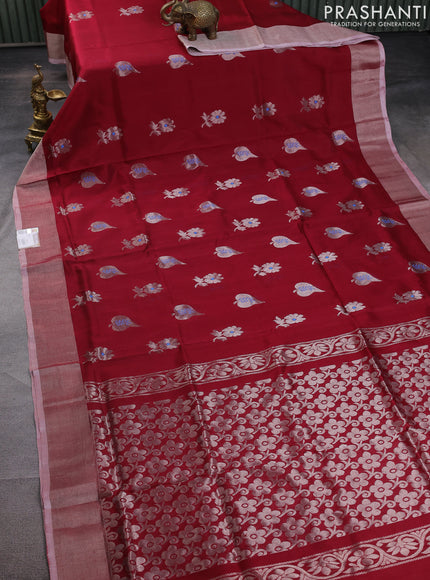 Pure uppada silk saree maroon with silver zari woven floral buttas and silver zari woven border