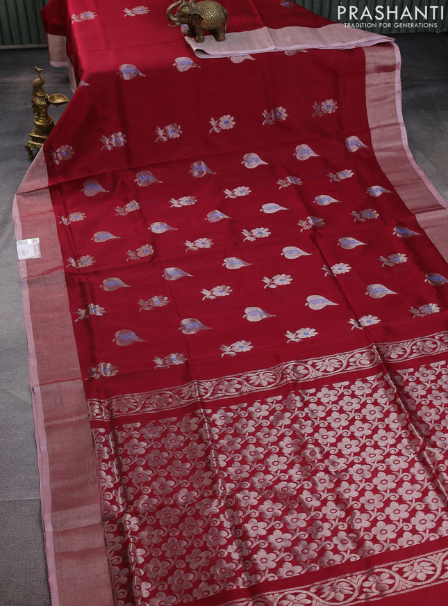 Pure uppada silk saree maroon with silver zari woven floral buttas and silver zari woven border
