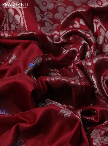 Pure uppada silk saree maroon with silver zari woven floral buttas and silver zari woven border