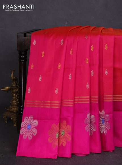 Pure uppada silk saree dual shade of pinkish orange and pink with silver & gold zari woven buttas and zari woven floral design butta border